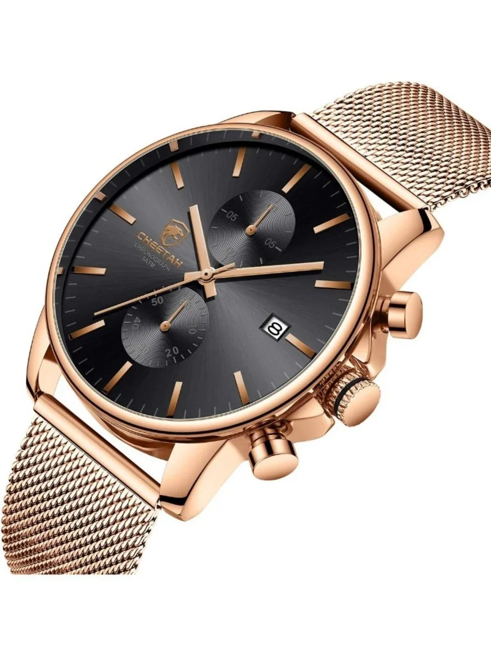 Men's Rose Gold Black Mesh Stainless Steel Minimalist Analog Chronograph Watch